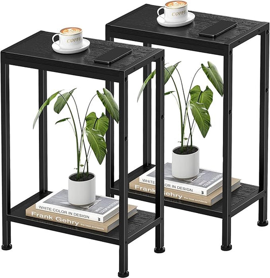 Narrow Side Table for Small Space Set of 2,2-Tier Small End Table with Shelf Holder, Slim Nightstand, Skinny Snack Couch Table in Living Room, Bedroom, Study, Kitchen and Balcony（Black