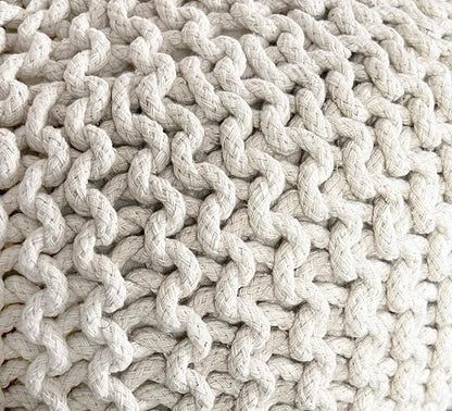 FRELISH DECOR Round Pouf Ottoman Hand Knitted 100% Cotton Pouf Foot Stool - Knitted Bean Bag - Floor Chair for Living Room Bedroom - Foot Rest for Couch (20 Diameter x 14 Height) - Natural