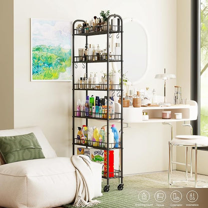 6-Tier Slim Storage Cart, Rolling Kitchen Cart with Wheels, Narrow Metal Shelf Organizer with Hooks for Kitchen, Bathroom, Living Room, Laundry, Small Spaces (Black, 6 in)