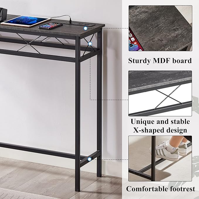 VECELO 39.4In Narrow Sofa/Console Table with Charging Station & Power Outlet and USB Ports, for Entryway, Living Room, Office, Industrial, Metal Frame, 2 Pack, Dark Grey