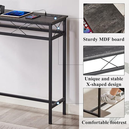 VECELO 39.4In Narrow Sofa/Console Table with Charging Station & Power Outlet and USB Ports, for Entryway, Living Room, Office, Industrial, Metal Frame, 2 Pack, Dark Grey