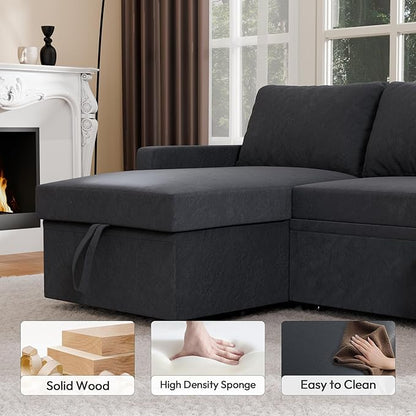 Sleeper Sofa Bed, Modular Sectional Couch with Pull Out Bed, L Shaped Sectional Convertible SofaBed with Storage Seat, for Living Room Apartment Bedroom Office Black Velvet
