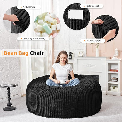 HABUTWAY 4FT Bean Bag Chair, 4' Large Bean Bag Chairs for Adults with Removable Stripe Plush Cover, Memory Foam Beanbag Chair for Living Room Bedroom Dorm (Black)