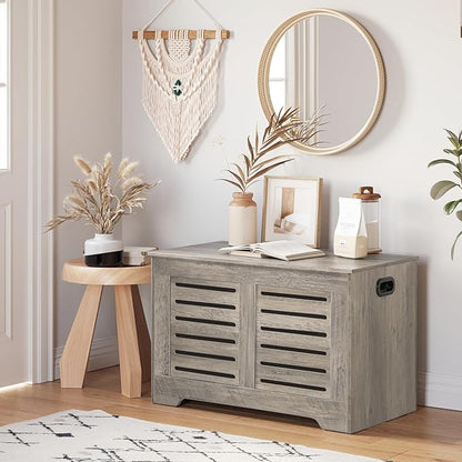 DINZI LVJ Storage Chest, Flip-Top Wooden Toy Box with 2 Safety Hinges, Entryway Shoe Storage Bench, Good Ventilation, Storage Trunk for Living Room, Bedroom, Easy Assembly, Grey Wash