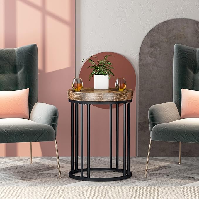 Tribesigns Round End Table, Modern Side Small Accent Nightstand with Metal Frame, Wooden Circle Bedside for Living Room Sofa Couch, Bedroom, Easy Assembly, Space Saving, Rustic Brown & Black