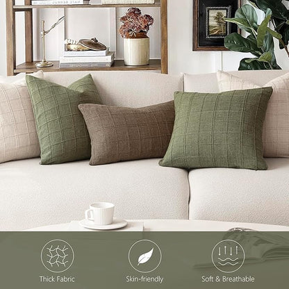 Foindtower Set of 2 Decorative Linen Check Throw Pillow Covers Neutral Farmhouse Vintage Cushion Covers Modern Boho Home Decor for Sofa Chair Couch Bedroom Living Room Outdoor,16×16 Inch,Sage Green
