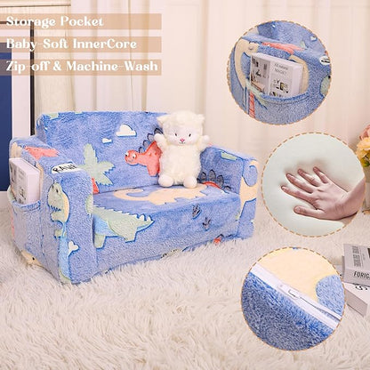 Kids Chairs for Toddler, 2 - in - 1 Toddler Soft Teddy Fleece Couch Featuring Glow - in - The - Dark Elements, Fold Out, Convertible Sofa to Lounger for Girls and Boys - Colorful Dinosaur