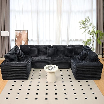 KEIKI 135" U Shape Sectional Sofa,6-Seater Modular Couch with Striped Corduroy Fabric for Living Room,Reversible Design