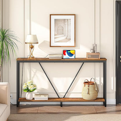 HOOBRO 63" Console Table with Charging Station, 2-Tier Extra Long Sofa Table with V-Brace, for Narrow Space, Entryway Table for Entryway, Hallway, Living Room, Rustic Brown BF166UXG01