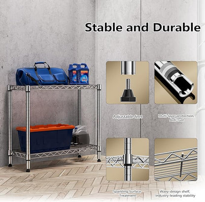 MZG 220 lbs 2 Tier Storage Rack Metal Wire Shelving Unit, Storage Standing Household Shelf Organizer for Laundry Bathroom Kitchen Pantry Closet Garage Utility Room, Chrome 11.8" D x 27.6" W x 23.4" H
