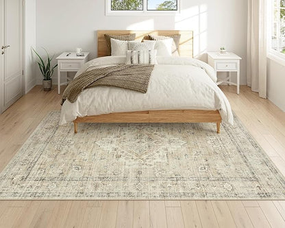 LIVEBOX Washable Area Rug 5x7 Rugs for Living Room Bedroom, Non-Slip Boho Neutral Carpet for Dining Room Office, Low-Pile Farmhouse Soft Carpets for Kids Nursery Room Playroom, Tan