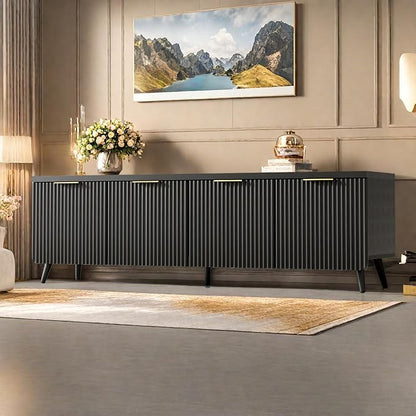 TV Stand for Up to 60" TVs, Modern Entertainment Center with 4 Cylindrical Stripe Doors, Media Console Table with Solid Wooden Legs, Modern TV Stand for Living Room, Bedroom, Black