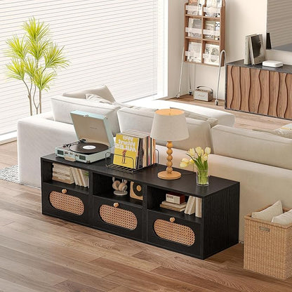 3-in-1 Modular TV Stand with Rattan Doors, DIY Media Console Boho Entertainment Center Modern TV Cabinet with Open Shelves,Black