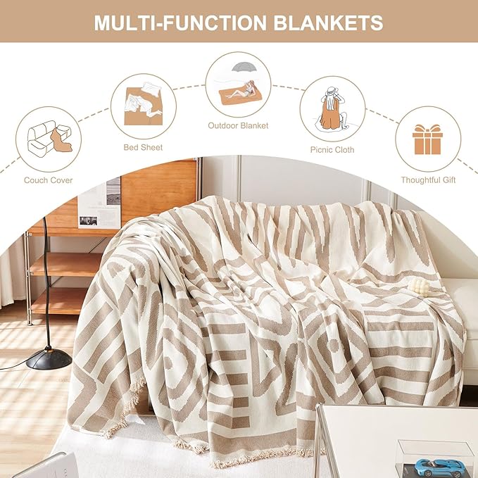STACYPIK Thick Boho Sofa Cover Beige Khaki Triangle Plaid Couch Cover Skin Pet-Friendly Chenille Sofa Protector for 3 Cushion Couch Reversible Couch Cover Tassel Washable Sectional Sofa Cover-91X134IN