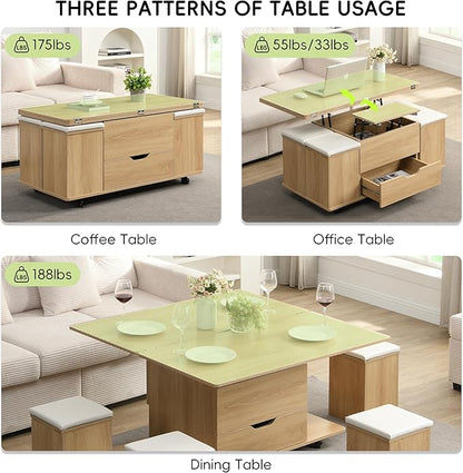 Merax Multi-Functional Lift-Top Coffee Table with Hidden Storage and Stools,Multi-Function Modern Center Table with 4 Stools and Casters,Perfect for Modern Living Spaces, Natural & White