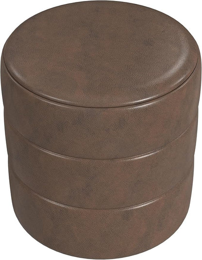 HomePop Upholstered Faux Leather Round Ottoman (No Lid, Seat Only) Home Décor | Round Pouf Foot Rest – Brown Faux Leather