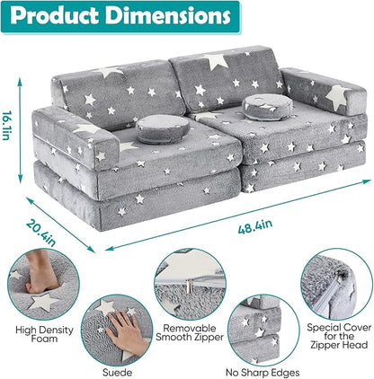 10Pcs Kids Play Couch,Toddler Sofa,Modular Kids Couch for Playing, Creativing, Sleeping (Luminous Color)
