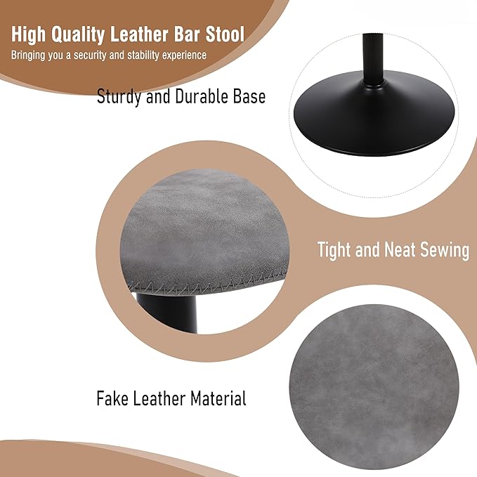 Bar Stools, Swivel Counter Height Barstools with Back, Adjustable Modern Bar Chairs, Tall Armless PU Leather Kitchen Island Stool (Grey, Set of 2)