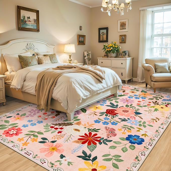 Area Rug Living Room Rugs: Floral 4x6 Washable Rug Vintage Soft Boho Non-Slip Carpet Indoor Floor Stain Resistant Large Carpets for Bedroom Dining Room Farmhouse Nursery Hallway Home Office Beige