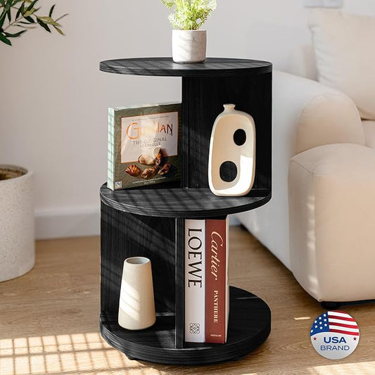KAYMILY Living Room Side Table, Office Round Bookshelf End Table, Bedroom Mid Century Modern Nightstands, Contemporary Accent Tables - Easy Assembly - MDF Wood - Stationary - Black