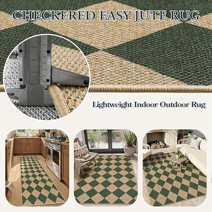 Lahome Checkered Outdoor Patio Easy Jute Rug, 3x5 Dark Green Washable Front Porch Door Rug, Farmhouse Indoor Outdoor Carpet Non Slip Non Shedding Carpet for Entryway Living Room Deck