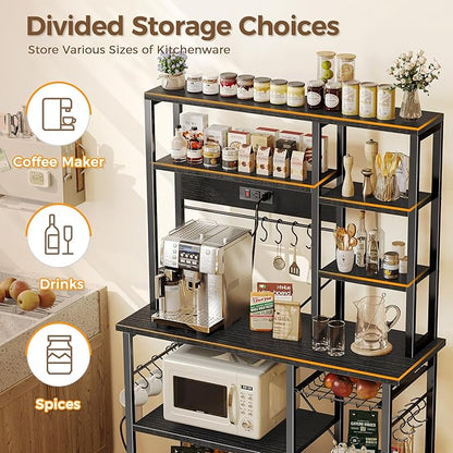 SUPERJARE Large Bakers Rack with Power Outlets, 6-Tier Microwave Stand, Coffee Bar with 12 S-Shaped Hooks, Kitchen Shelf with Wire Basket, 39.3 x 15.5 x 66.9 Inches, Black