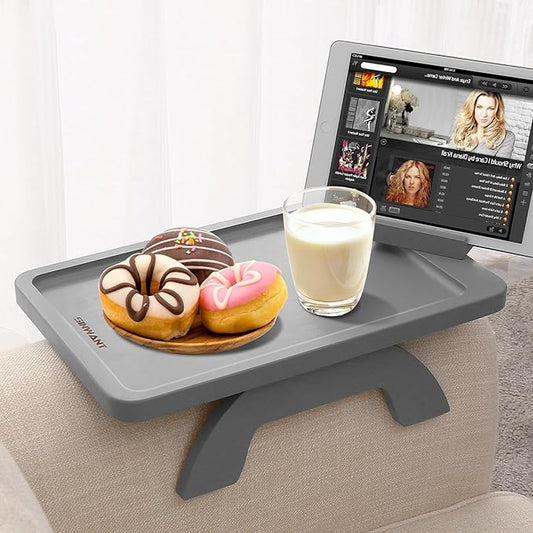 SINWANT Couch Armrest Table,Bamboo Couch Arm Table 360° Phone Holder,Foldable Sofa Arm Tray for Eating Drinking Snacks Remote on Chair Armrest