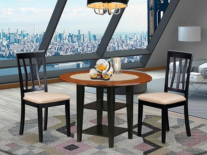 East West Furniture SUAN3-BCH-C 3 Piece Dining Room Table Set Contains a Round Kitchen Table with Dropleaf & Shelves and 2 Linen Fabric Upholstered Chairs, 42x42 Inch, Black & Cherry