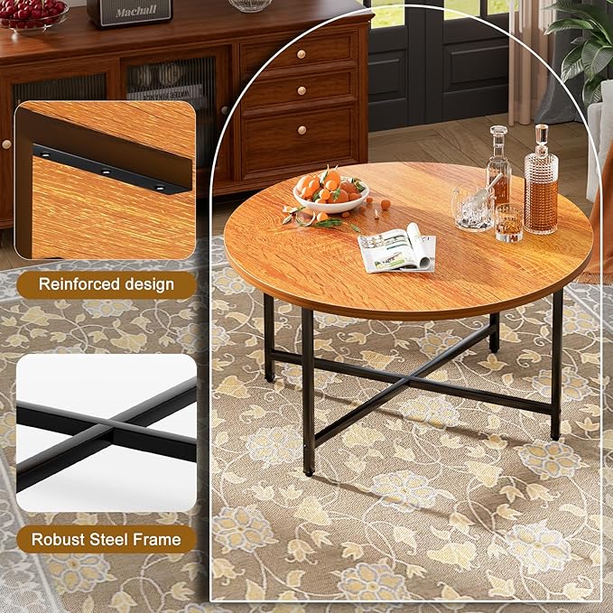 Round Coffee Table, 31.5" Circle Coffee Table，Modern Round Coffee Tables Living Room, Large Coffee Table Round for Indoor & Outdoor Use, Office, Patio or Garden, Warm Brown (31.5" D*17.7" H)