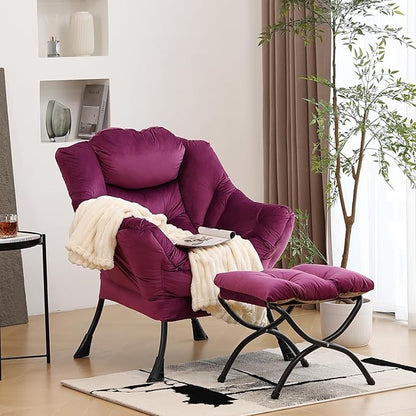 Lazy Chair with Ottoman, Modern Chair with Folding Footrest, Lounge Accent Chair, Comfortable Reading Chair (Velvet Dark Purple)