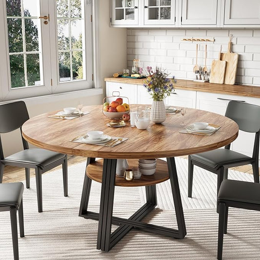 GarveeHome Round Dining Table for 4-6, 47.2" Farmhouse Kitchen Table with Storage, Circle Dinner Tables for Kitchen, Dining Room, Living Room, Meeting Room, Apartment, Retro