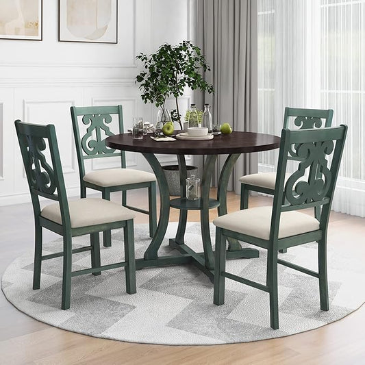 Merax 5 Piece Round Dining Table Set 4 Retro Chairs with Special-Shaped Table Legs, Exquisitely Designed Hollow Chair Back for Dining Room, Antique Blue