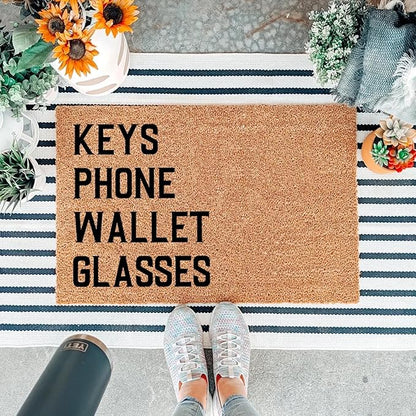 Funny Coir Doormat Keys Phone Wallet Glasses Front Door Mat Entryway Outdoor Mat with Heavy Duty Front Porch Decor Welcome Mats House Warming Gift Doormat Entry Natural Coir Mat 23.7 x 15.7 inch