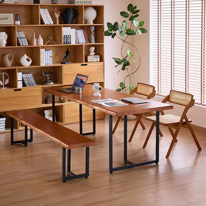 Solid Wood Administrative Desk, Dining Table with Durable Metal Legs, Uniquely Designed Leisure Table, Perfect for Restaurants and Home Offices, (Wood Brown, 78.74in)