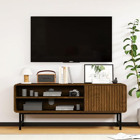 TV Stand,Mid Century Modern Entertainment Center with 2 Open Shelves，Farmhouse TV Media Console Table for Living Room,Bedroom,Television Stand up to 50 Inches,Black Walnut