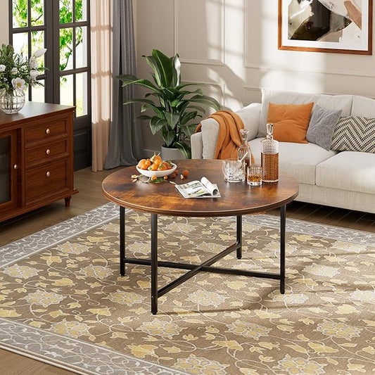 Round Coffee Table, 31.5" Circle Coffee Table，Modern Round Coffee Tables Living Room, Large Coffee Table Round for Indoor & Outdoor Use, Office, Patio or Garden, Rustic Brown (31.5" D*17.7" H)