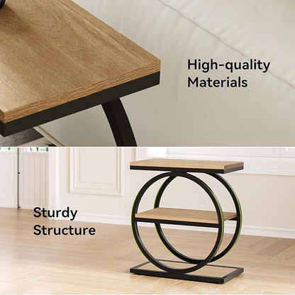 LITTLE TREE End Table Set 2, Side Table with 3-Tier Storage Shelves, Small Sofa Side Table for Living Room, Wooden Side End Table with Double Round Metal Legs, Slim Nightstand and Bedside Table, Oak