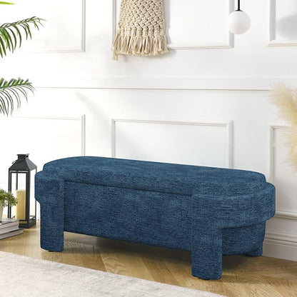 KEIKI 51" Linen Ottoman Bench with Large Storage Space, Upholstered Seating Foot Rest Stool Furniture for Bedroom, Living Room, Entryway, Dark Blue