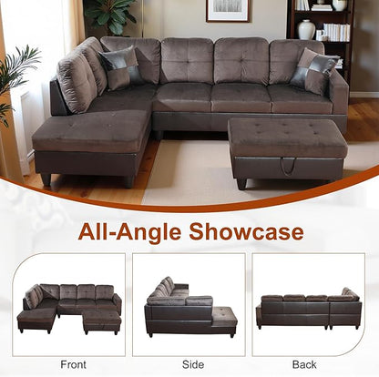 Osparple L Shaped Couch Sectional Couches for Living Room Upholstered Flannel 3 Pieces Modular Sectional Sofa with Chaise, Ottoman with Storage for Living Room and Small Apartment, Deep Brown
