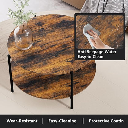 Round Coffee Table, 2-Tier 32.9" Circle Coffee Tables with Storage Wood Rustic Farmhouse Center Circular Coffee Table for Living Room Bedroom Balcony Office - Walnut
