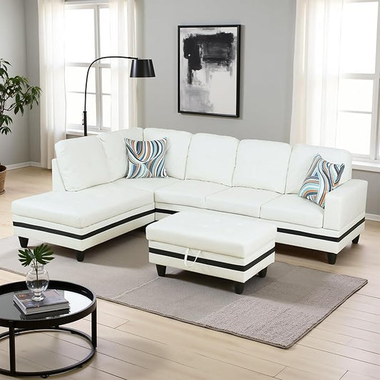 L Shaped Couch PU Leather Sectional Couch Upholstered 3 Pieces Sofas for Living Room with Chaise, Storage Ottoman for Office and Small Apartment, Black and White