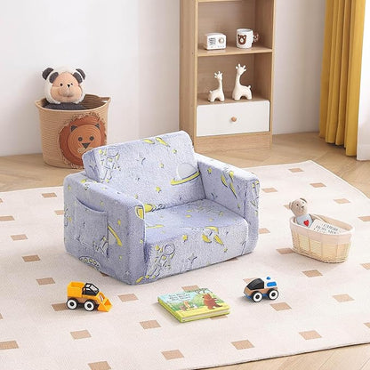 Tiita Kids Sofa, 2-in-1 Toddler Chair, Convertible Children Couch to Lounger, Flip Out Kid Sofas Chair, Toddler Armrest Chairs Bed, Folding Kids Play Sofa for Girl or Boy (Blue Astronauts)
