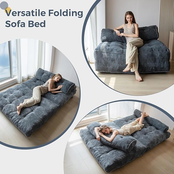 MAXYOYO Folding Sofa Bed, Convertible Sleeper Chair with Pilow Foldable Matress with Back Support, Portable Fold Out Chair Bed Comfy Floor Sofa Lounge for Living Room Bedroom, Dark Grey, Double