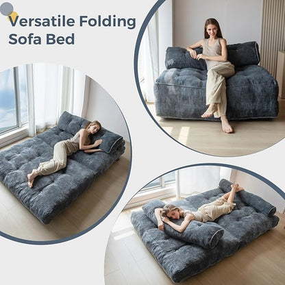 MAXYOYO Folding Sofa Bed, Convertible Sleeper Chair with Pilow Foldable Matress with Back Support, Portable Fold Out Chair Bed Comfy Floor Sofa Lounge for Living Room Bedroom, Dark Grey, Double