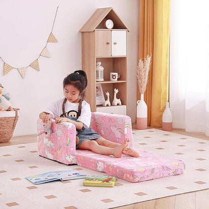 Tiita Kids Chair Couch, Folding Toddler Comfy Chair, 2-in-1 Kids Plush Sofa Fold Out, Baby Armrest Sofa to Lounger, Convertible Play Sofas to Bed for Girl or Boy, Pink Rainbow
