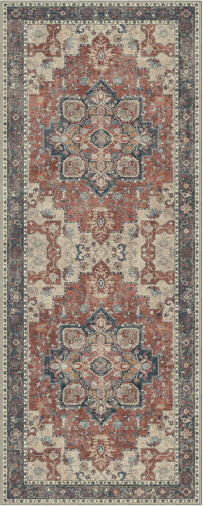GENIMO 2'6''x12 Runner Rugs for Hallway, Machine Washable Non Slip Vintage Rugs, Low Pile Lightweight Soft Print Rug for enrtyway, Corridor, Home Office, Kitchen, Bordeaux