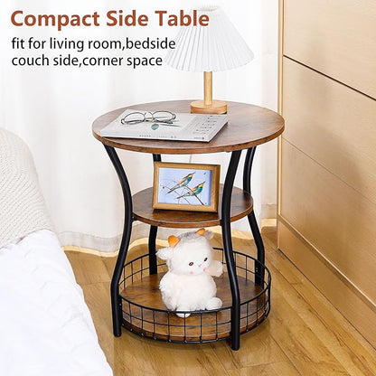 Round Side Table,3 Tier End Table with Storage Shelves for Living Room, Accent Sofa Couch Table for Small Spaces,Nightstand with Metal Frame for Bedroom, Rustic Brown - 19.7"
