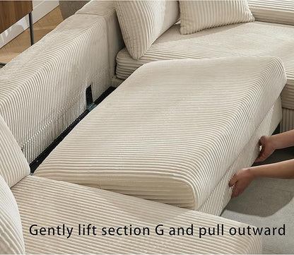Symmetrical U Shaped Sectional Sofa Convertible Pull Out Sleeper Sofabed with Double Chaise Daybed , Corduroy Upholstered U Shaped Lounge Sofa Couch Bed w/ Throw Pillows for Living Room Apartment