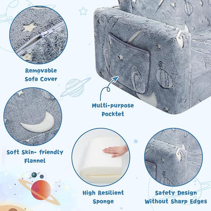 Toddler Couch,Toddler Chair, 2-in-1 Baby Seat Furniture Fold Out, Convertible Sofa to Lounger Soft Comfy Glow in The Dark Kids Sofa Bed Gifts for Kids Girl Boys,Star,Large
