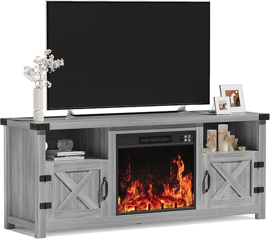 YESHOMY Fireplace TV Stand with Barn Doors and Open Display Shelf, Farmhouse Media Console with Hidden Cable Routing, Entertainment Center for Televisions up to 65+ Inch, Gray